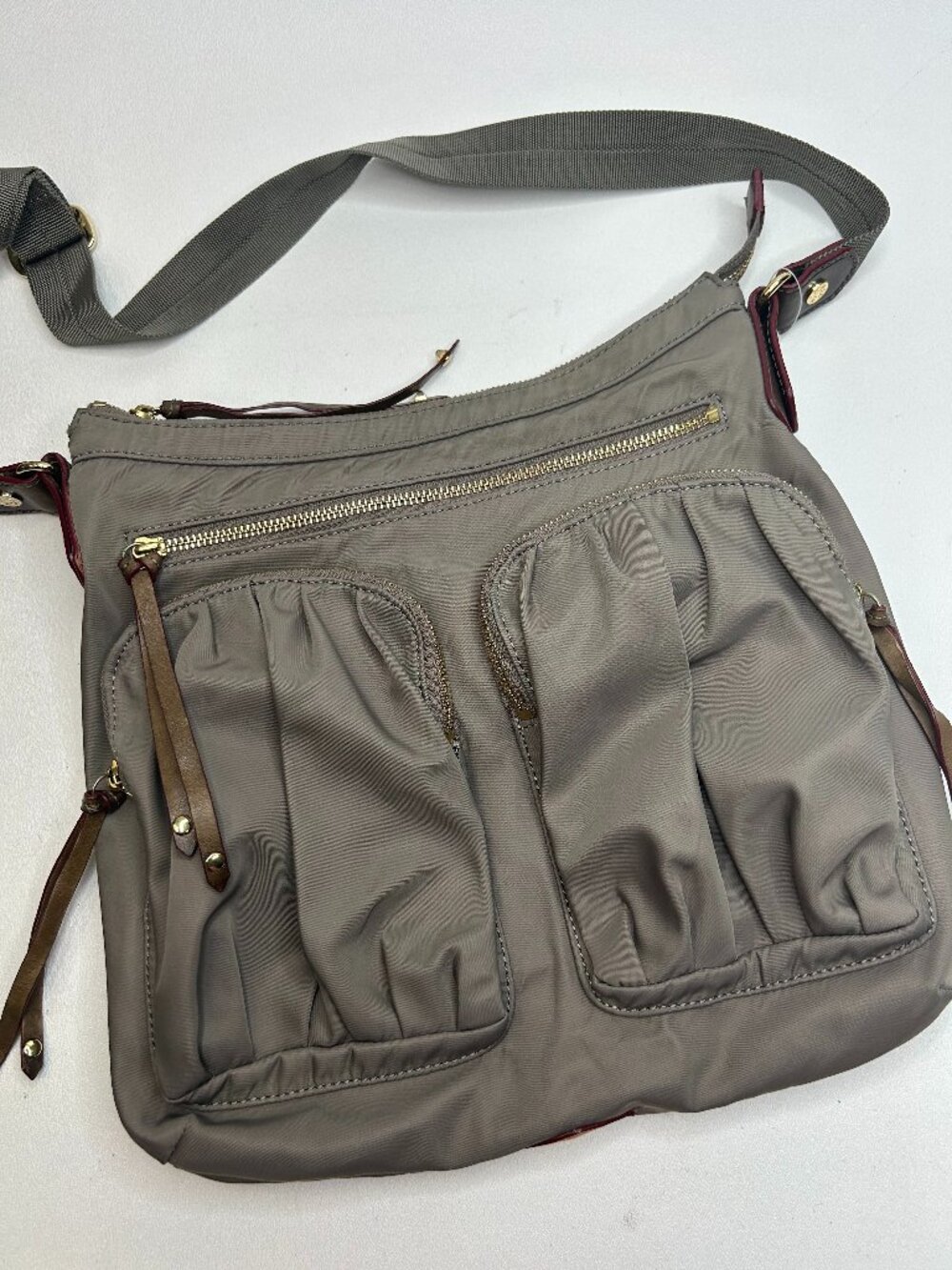 MZ WALLCE Paige Crossbody Bag Nylon Taupe w/Leather Trim EUC